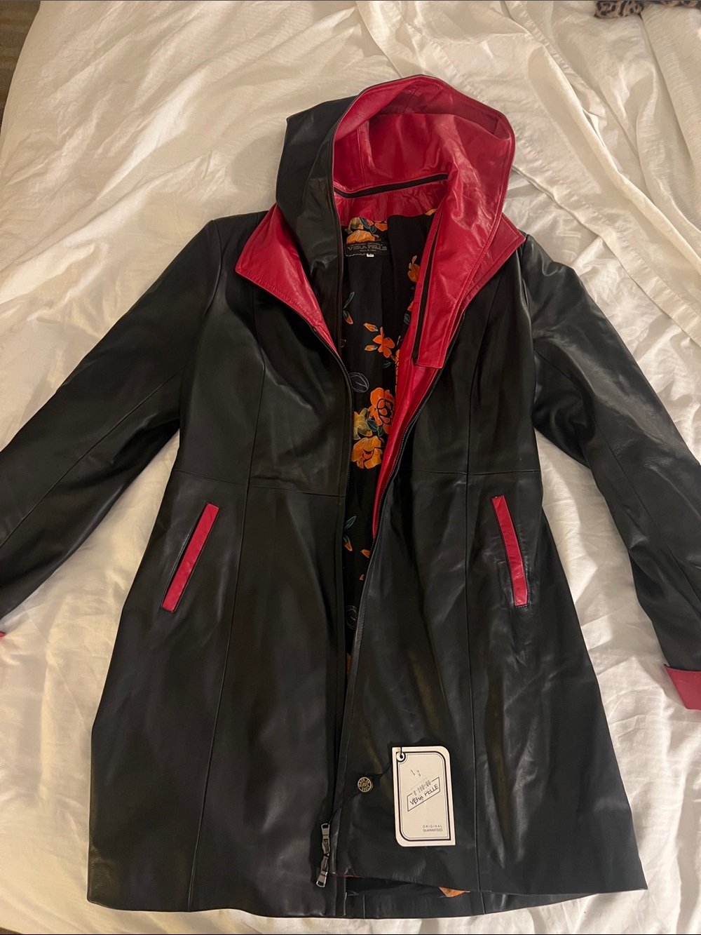 Vera Pelle Black Leather Coat with Red Trim and Hood